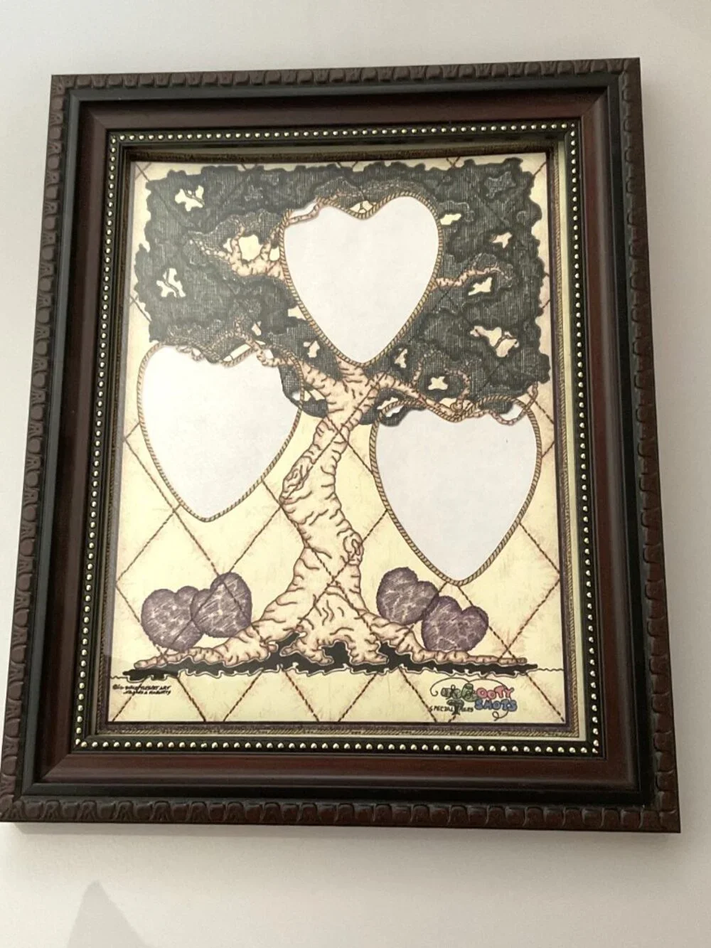VINTAGE GROOVY ROOTY SHOTS FRAMED FAMILY TREE ART PRINT MAT 3-PHOTO INSERT COLLG